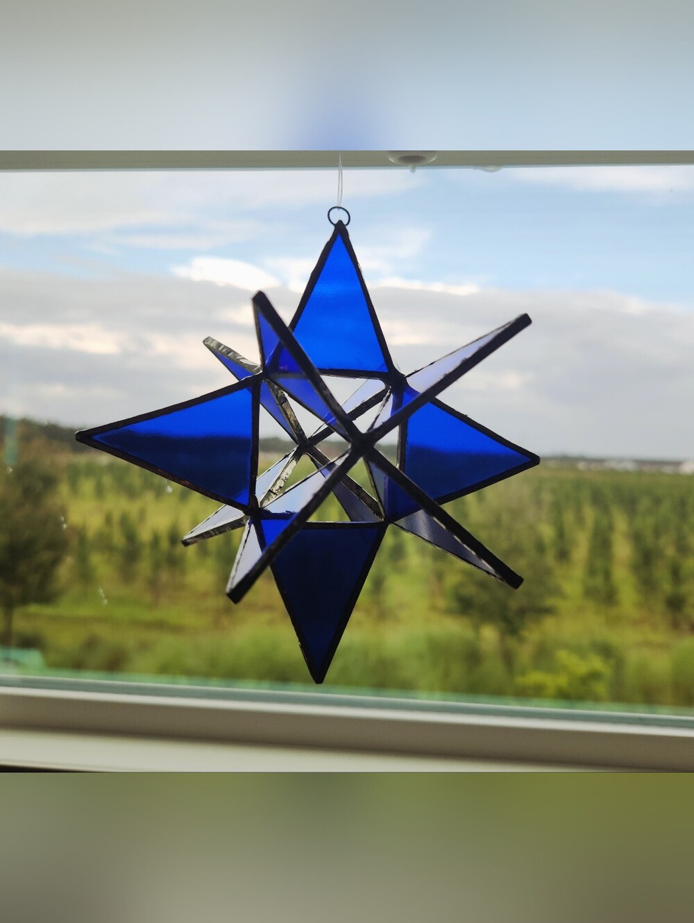 Handcrafted Blue Stained Glass Star Hanging Ornament